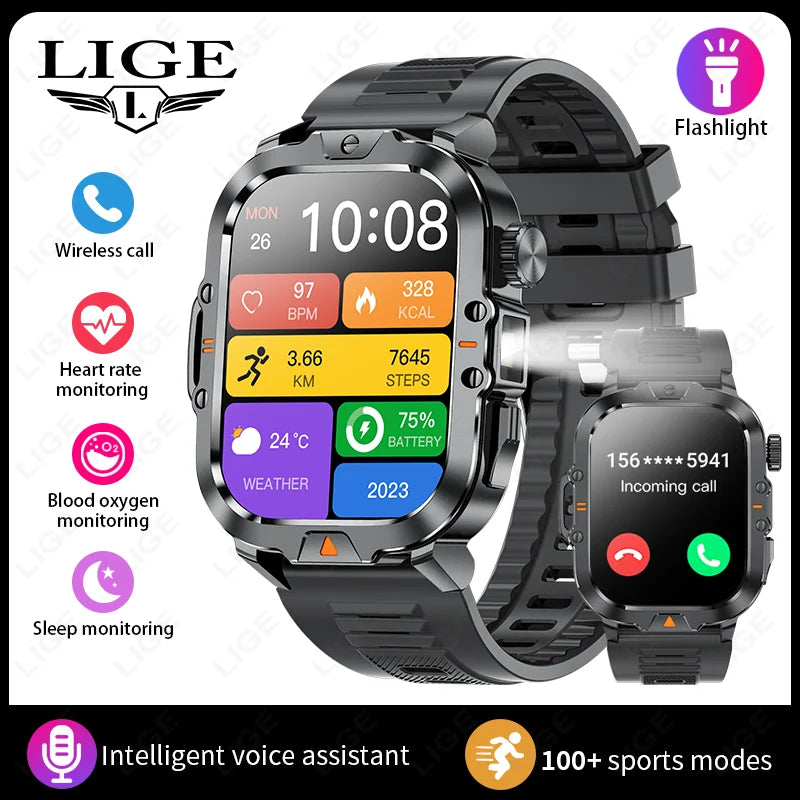 2.01-inch HD Screen Men Smart Watch with Flashlight Outdoor Sports Men's Watch IP68 Waterproof Health Monitoring Call Smartwatch