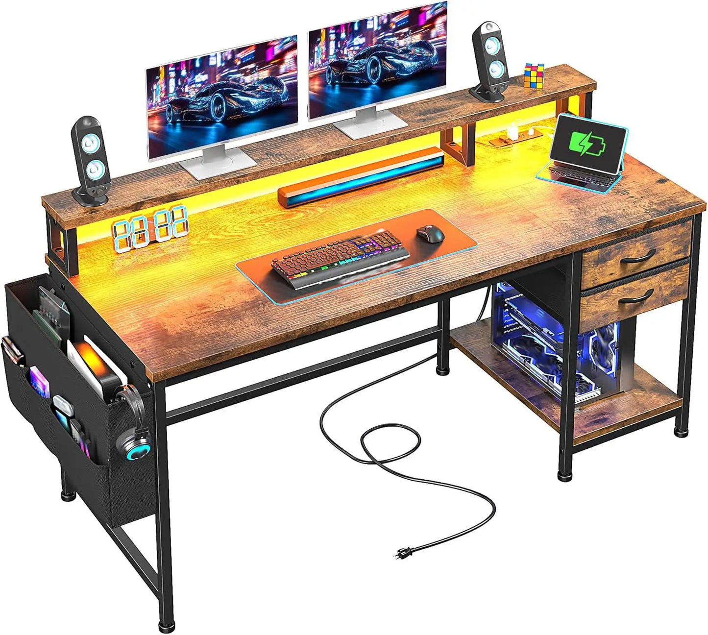 Computer Desk with Drawers & Storage Bag, Office Desks with Power Outlets & Monitor Stand, Home Office Desks for Bedroom
