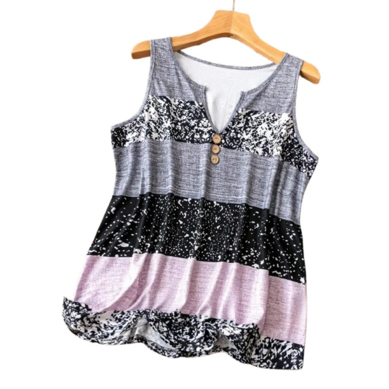 Plus Size 1XL-5XL Women's Summer New Casual and Fashionable Color Splicing Notch V-neck Sleeveless Vest