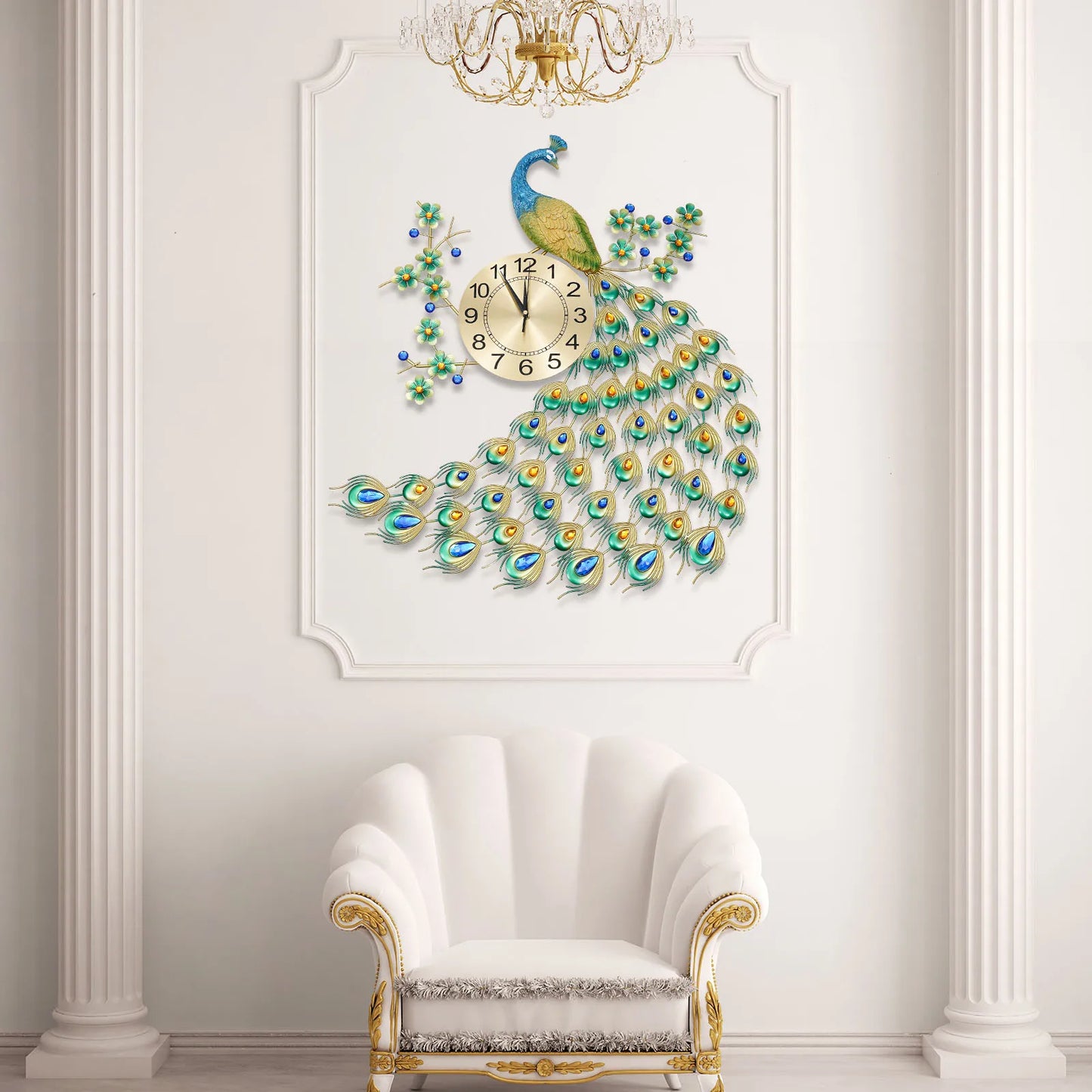 Luxury Peacock Wall Clock Metal 3D Art Decoration 8.26 Inch Silent Quartz Scanning Movement Dining Room Decor