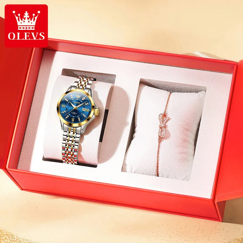 OLEVS Brand Romantic Gift Box Bracelet Set Women's Watches Elegant Waterproof Fashion Luminous Quartz Watch Calendar Wristwatch