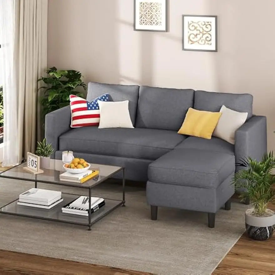 Shintenchi Small Sectional Couch with Ottoman 3 Seat L Shaped Sofa Fabric Upholstered for Apartments Living Room