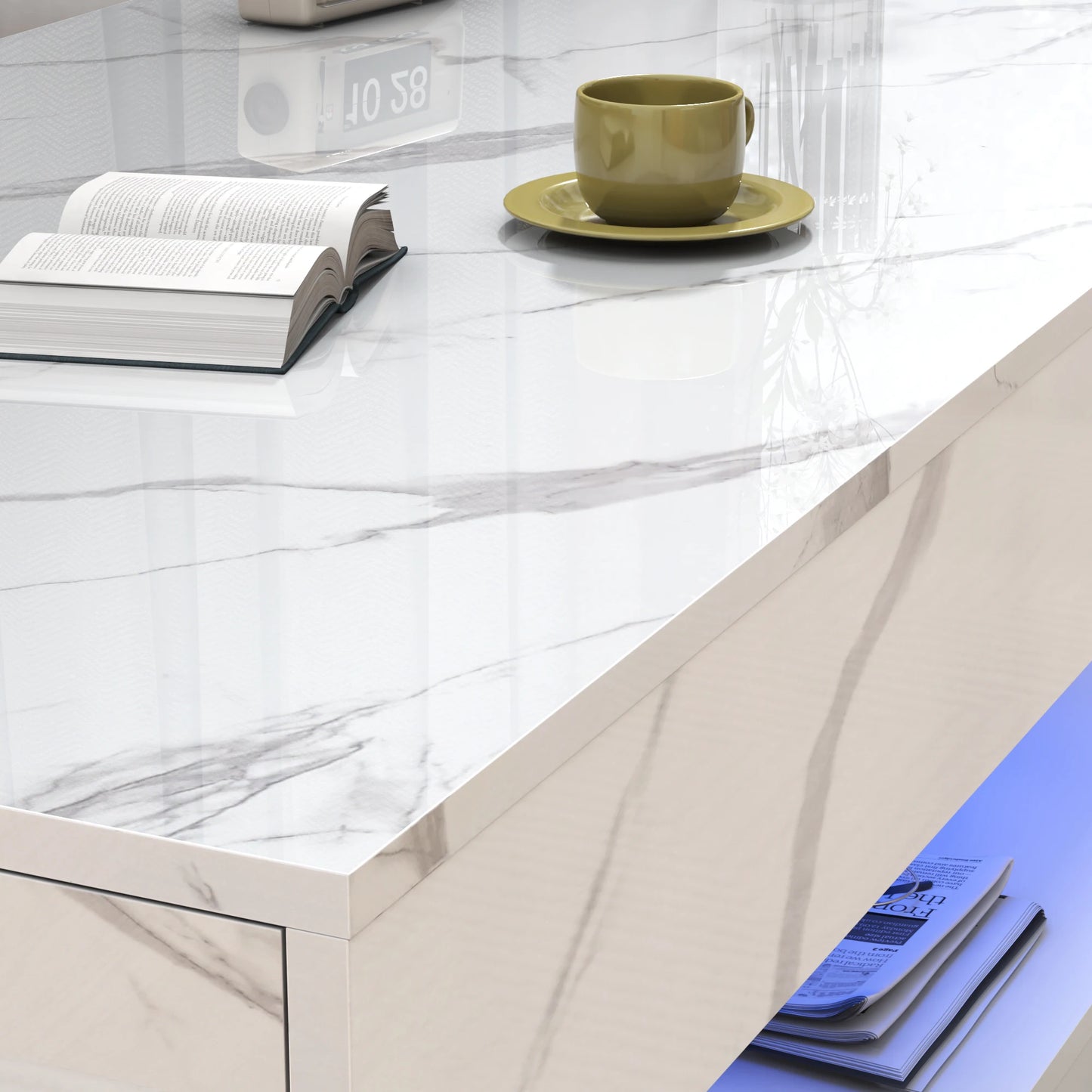 Modern Stylish Coffee Table with LED Lights Double Layer Design and Two Storage Drawers for Living Room
