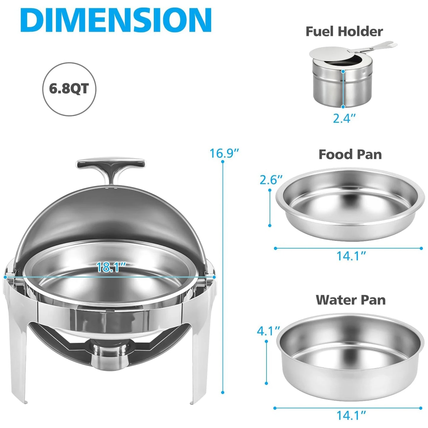 6.8QT Roll Top Chafing Dish Buffet Set,Round Chafing Dishes for Buffet Stainless Steel Chafer with Food/Water Pan and Fuel Holde