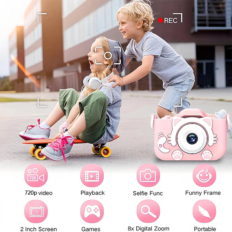 Kids Camera Toys Mini Camera Kids Digital Camera With Video Cartoon Soft Silicone Cover 32GB SD Card For Boy Girl Christmas Gift