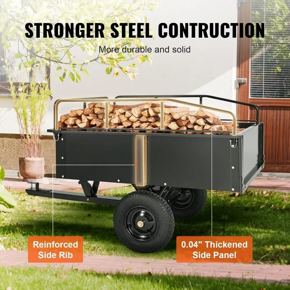 Heavy Duty ATV Trailer Steel Dump Cart Tow Behind, 750 lbs 15 Cubic Feet, Garden Utility Trailer Yard Trailers