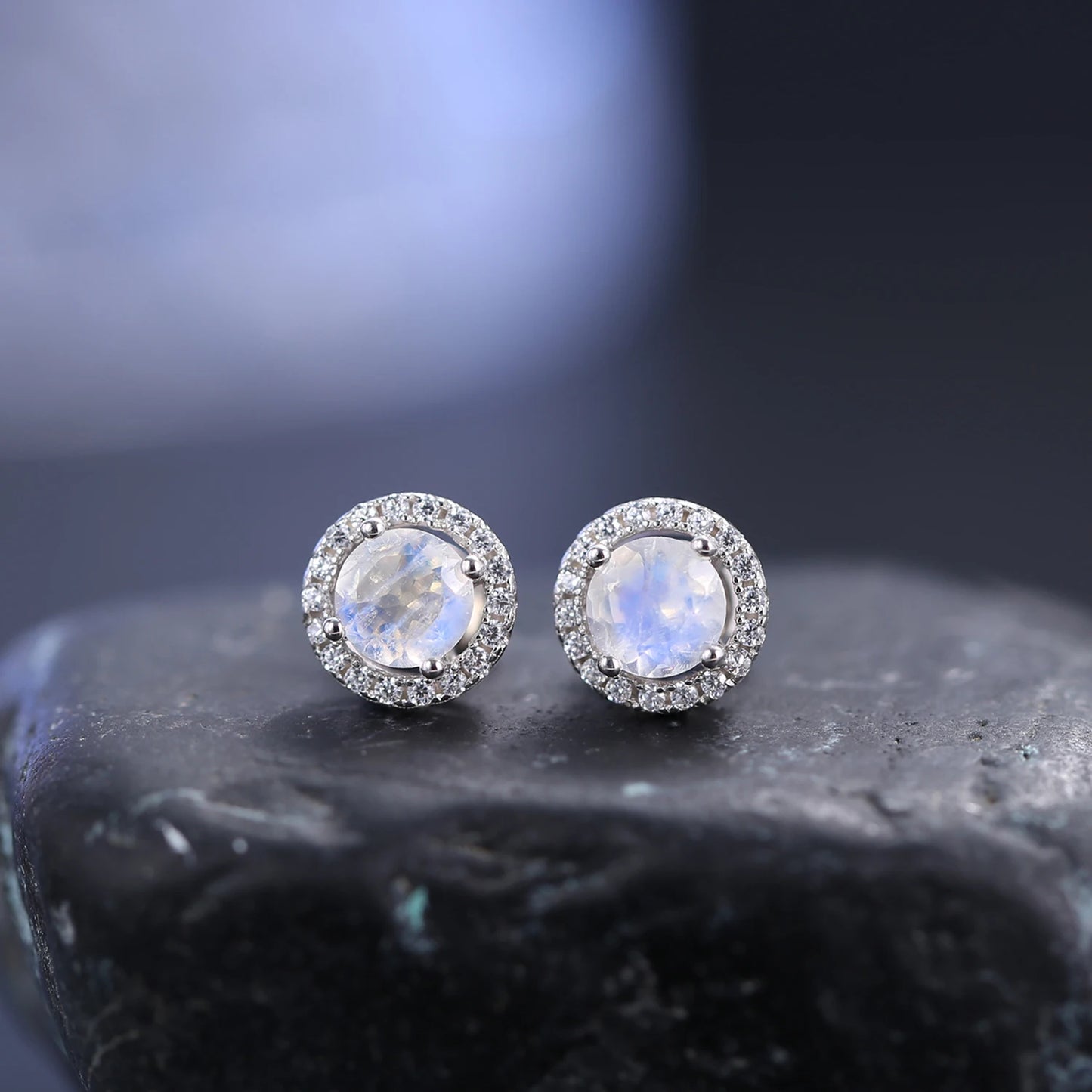 GEM'S BALLET Minimalist Earrings 5mm Milky Blue Moonstone Studs Earrings in 925 Sterling Silver June Birthstone Gift For Her