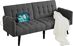 Modern Faux Leather Upholstered Convertible USB Folding Futon Sofa Bed, 65" Couch, Love Seats Furniture for Small Space Configu
