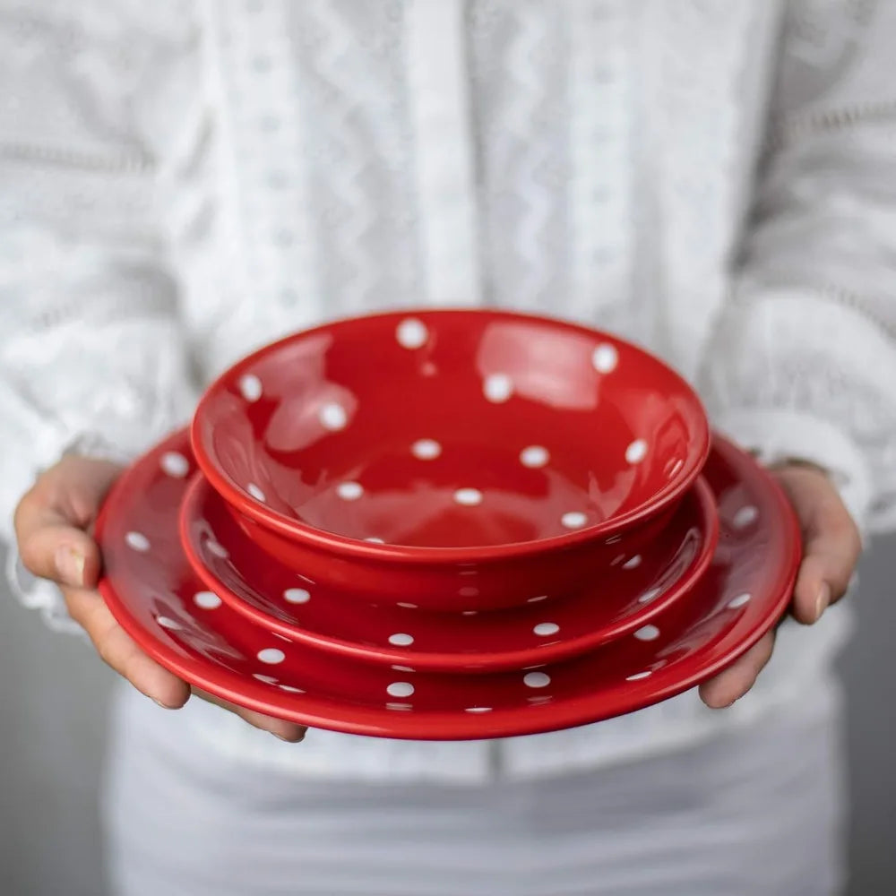 Handmade Red and White Polka Dot Ceramic 12 piece Dinnerware Set | Pottery Tableware Service for 4 | Dinner Plates | Side Plates