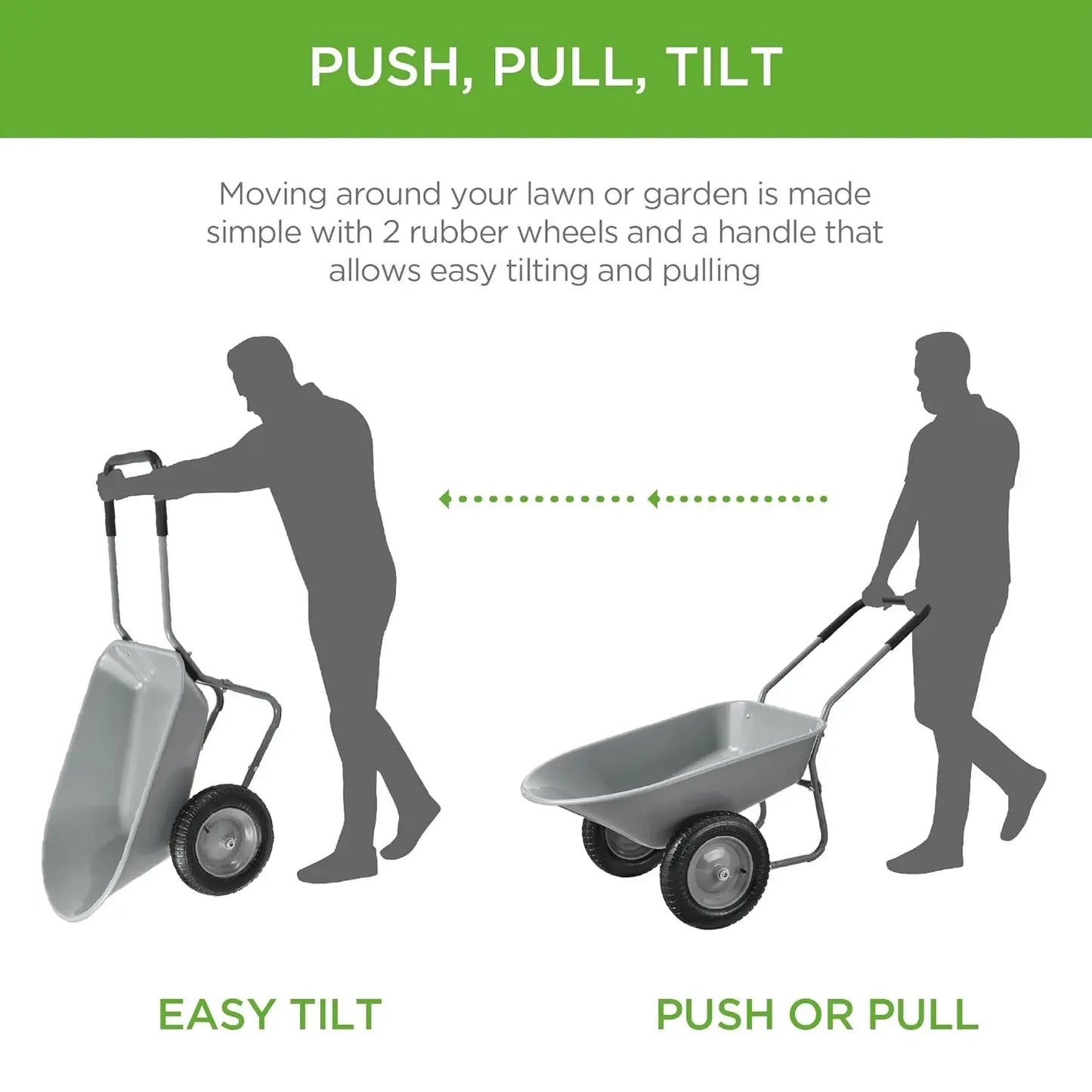 Dual-Wheel Home Utility Yard Wheelbarrow Garden Cart w/Built-in Stand for Lawn, Gardening, Construction - Gray
