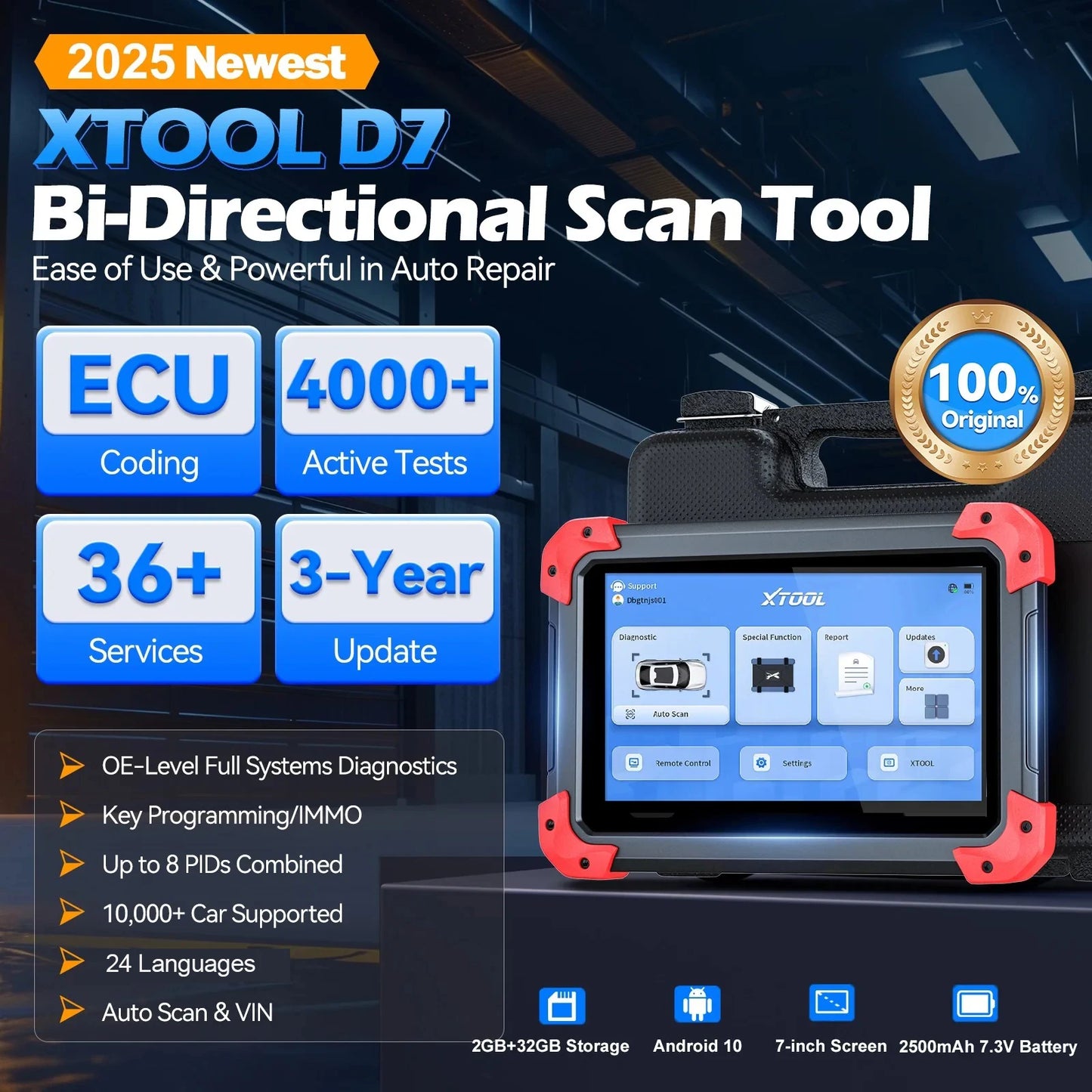 XTOOL D7 V2.0 OBD2 Scanner All System Car Diagnostic Tool Bi-directional Automotive Tool ECU Coding with 39+ Service Function