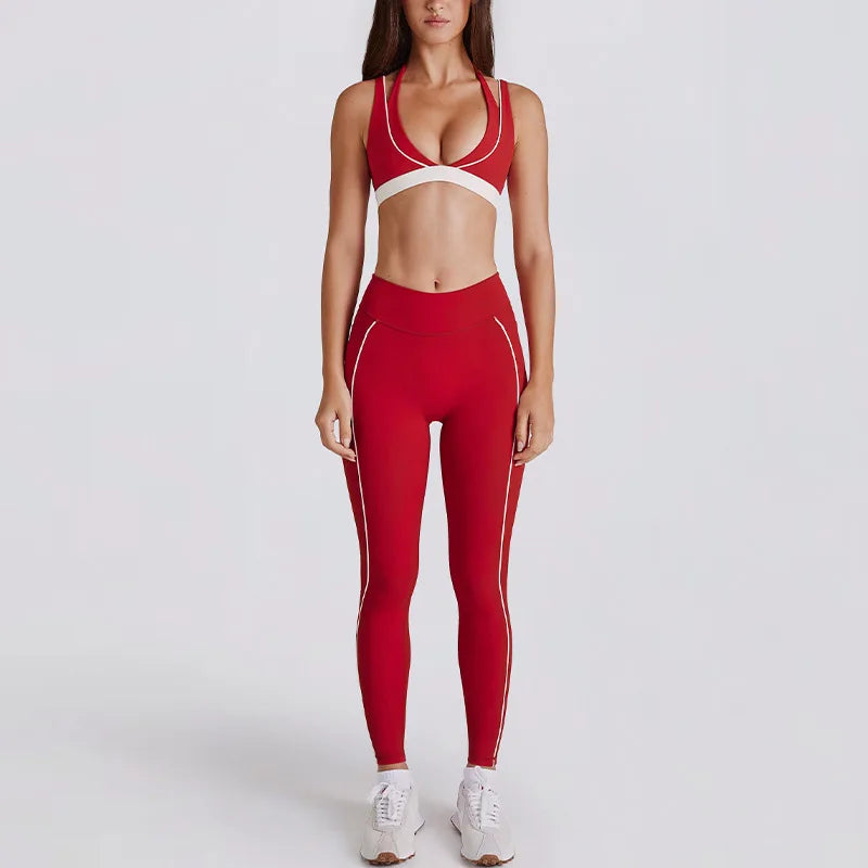 2 Pieces Women's Tracksuit Yoga Set Workout Gym Sportswear High Waist Leggings Fitness Shorts V-neck Halter Bras Sports Suits