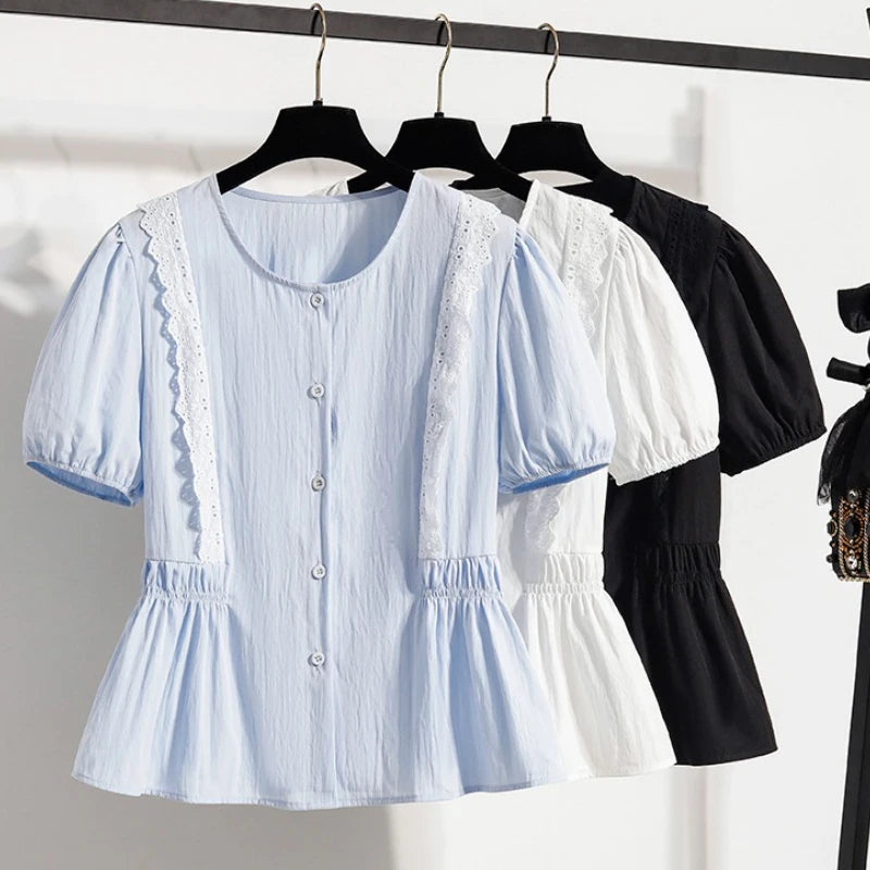 Plus Size Women's Shirts Summer 2025 French Style Sweet Lace Border Thin Top Waist Cinched Short Sleeved Doll Shirt Casual Tops