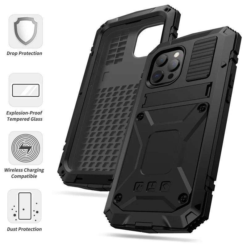 Heavy Duty Armor Military Aluminum Metal Case For iPhone 16 Plus 16 Pro Max Hard Cover Tempered Glass Screen Protector Flim