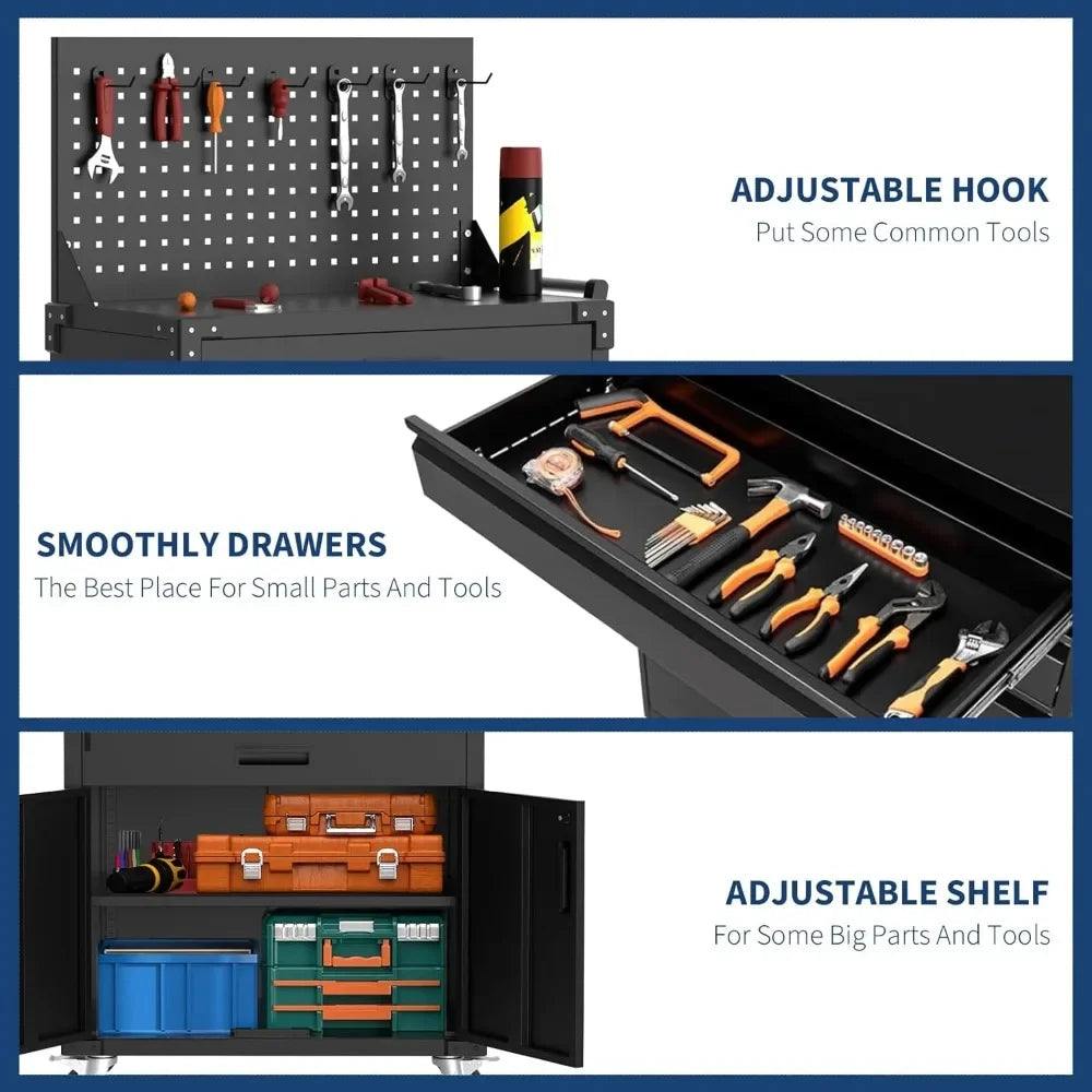 Tool Chest Cabinet Mobile Garage Workbench - 35" High with 2 Drawers, Pegboard,Heavy Duty Metal Rolling Design, Adjustable Shelf
