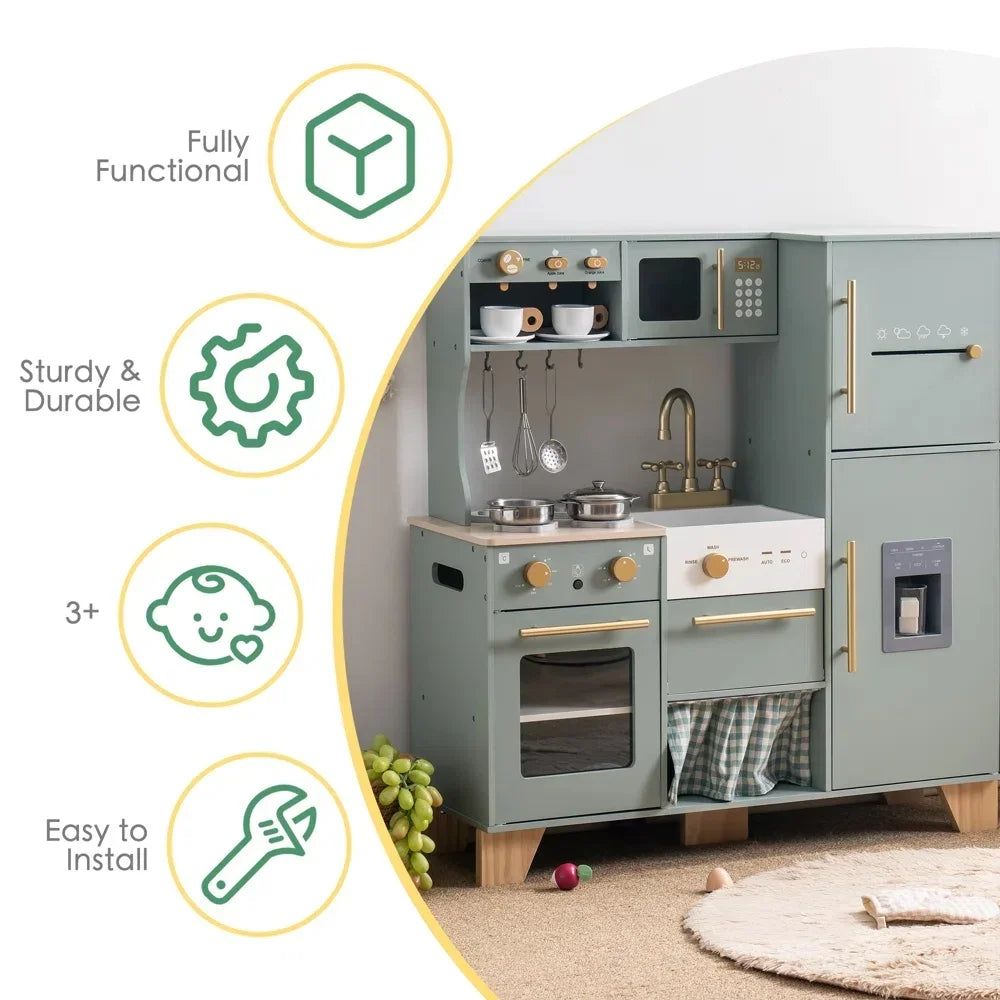 Robotime Robud Play Kitchen Preschool Wooden Kitchen Pretend Set Bean Green Kitchen Gift for Girls Boys Age 3+