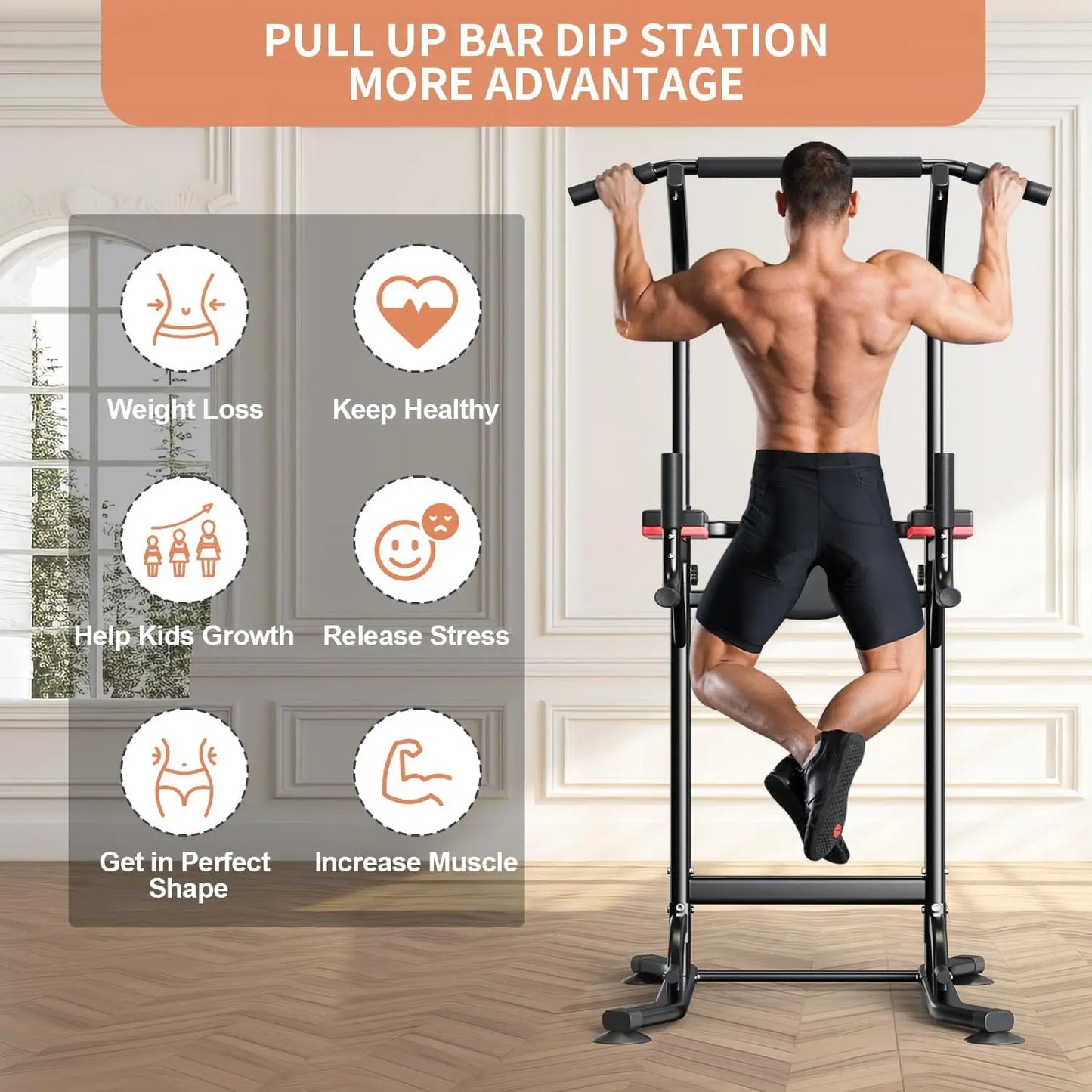Pull Up Bar Power Tower Dip Bar Station Dip Stand Multi-Functional Workout Equipment Strength Training Machine for Men Women Hom