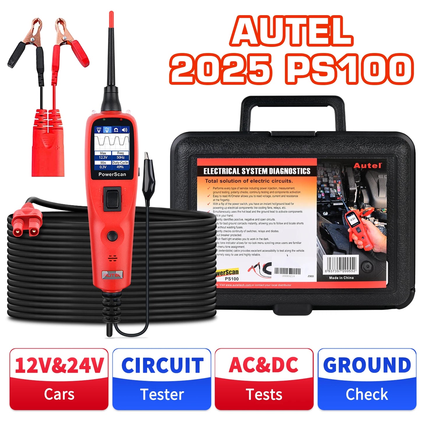 Autel PowerScan PS100 Power Circuit Probe Tester 12V 24V Digital Voltage Automotive Circuit Tester Car Diagnostic Test Tool