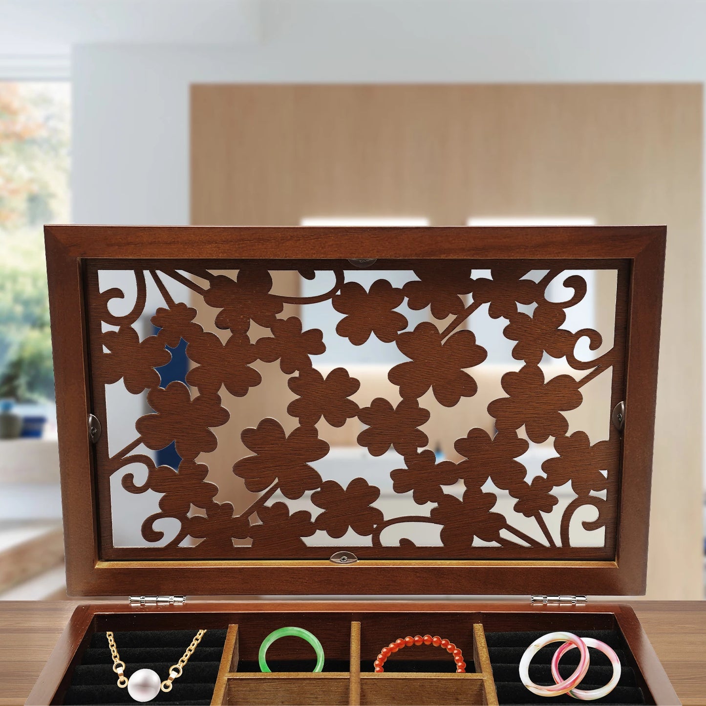 6-layer Walnut Jewellery Box Organizer with Exquisitely Carved Flowers Design,Rings Earrings Storage for Christmas New Year Gift