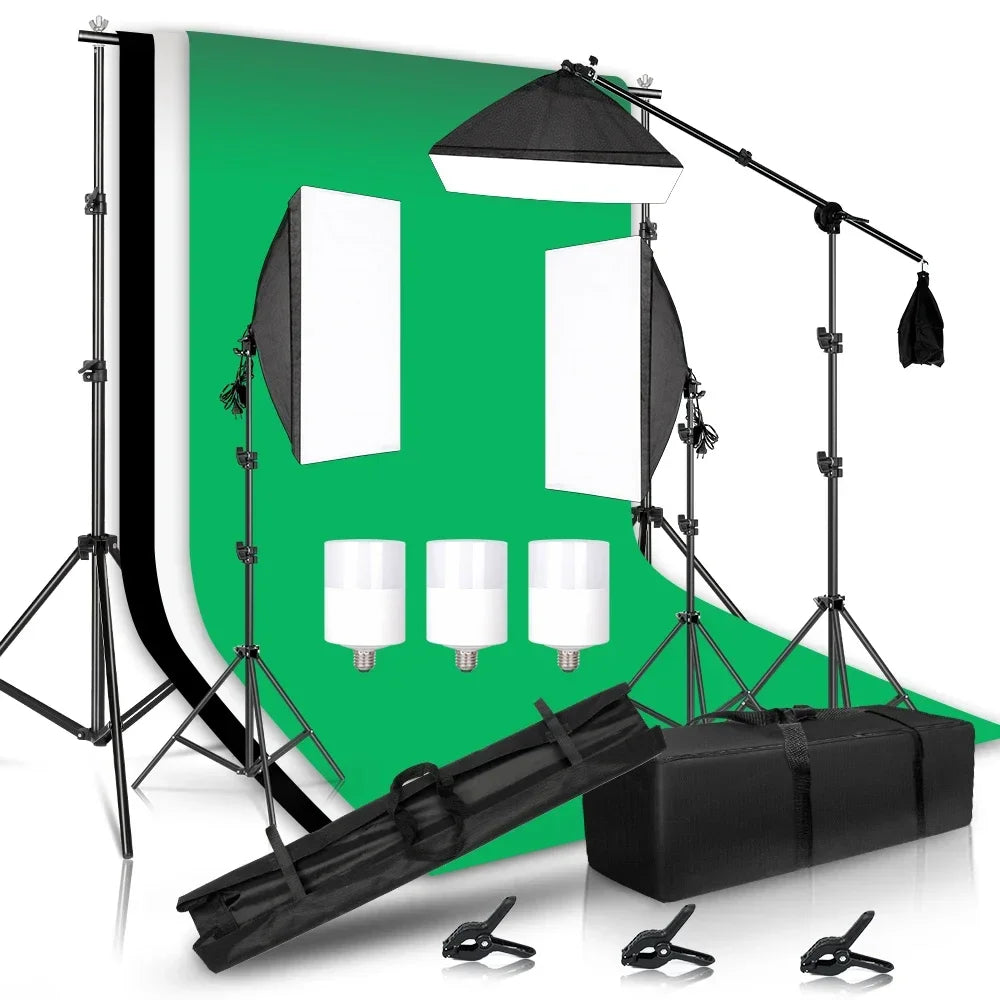 Photography Softbox Lighting Kit With Background Frame Tripod Stand Reflector Board And Umbrellas