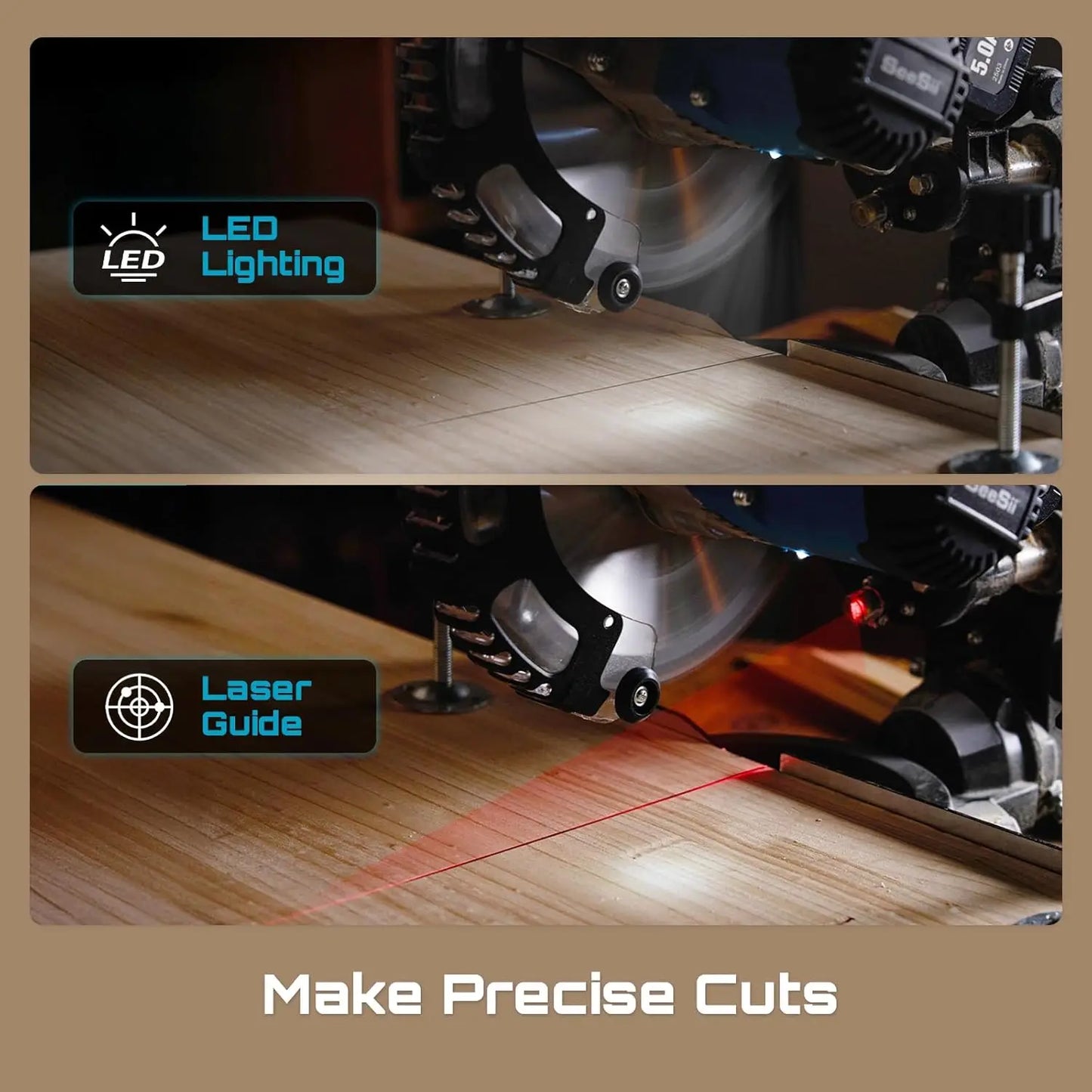 Seesii Sliding Compound Miter Saw 8'' Cordless Power Miter Saw with Laser Guide Single Bevel 45° Wood Cutting Sliding Saw