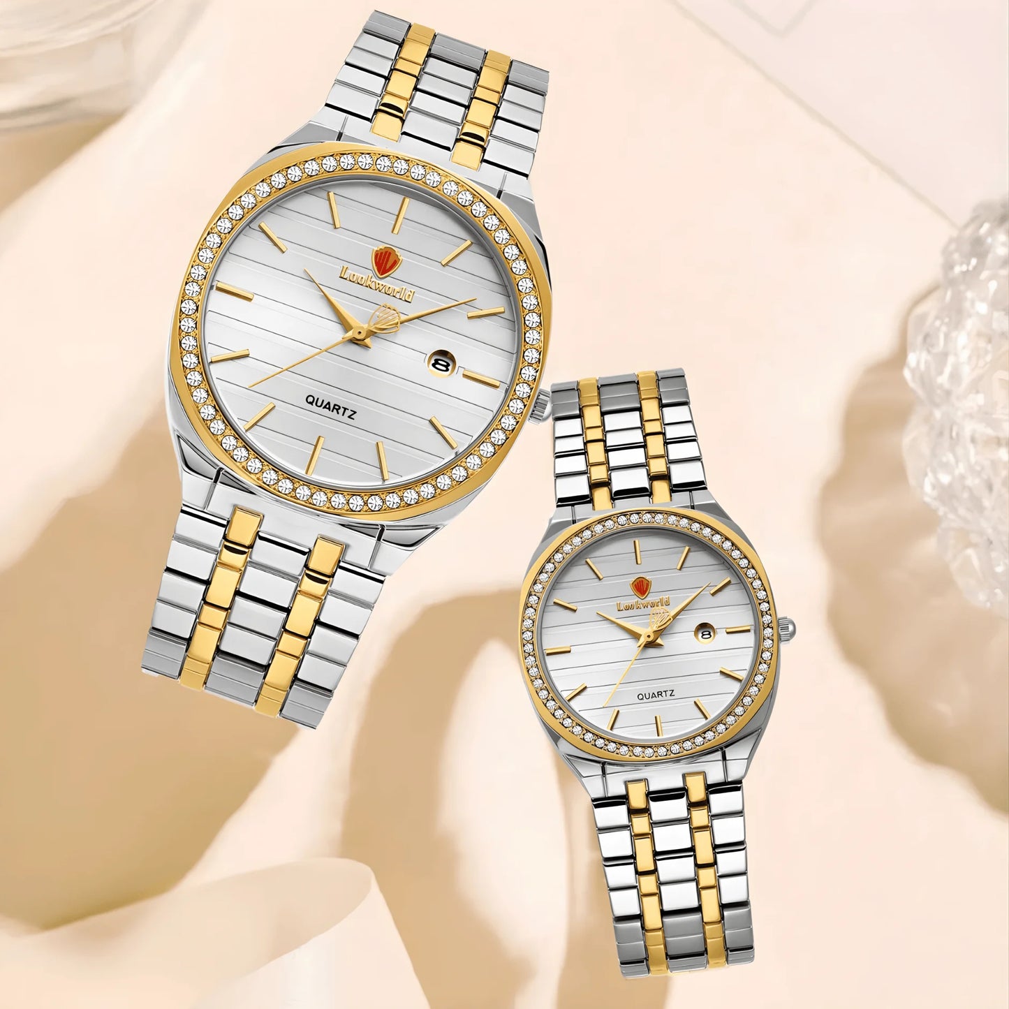 1 set of couple set quartz watch, all gold body, mineral crystal, with watch box, Valentine's Day gift, New Year's gift couple