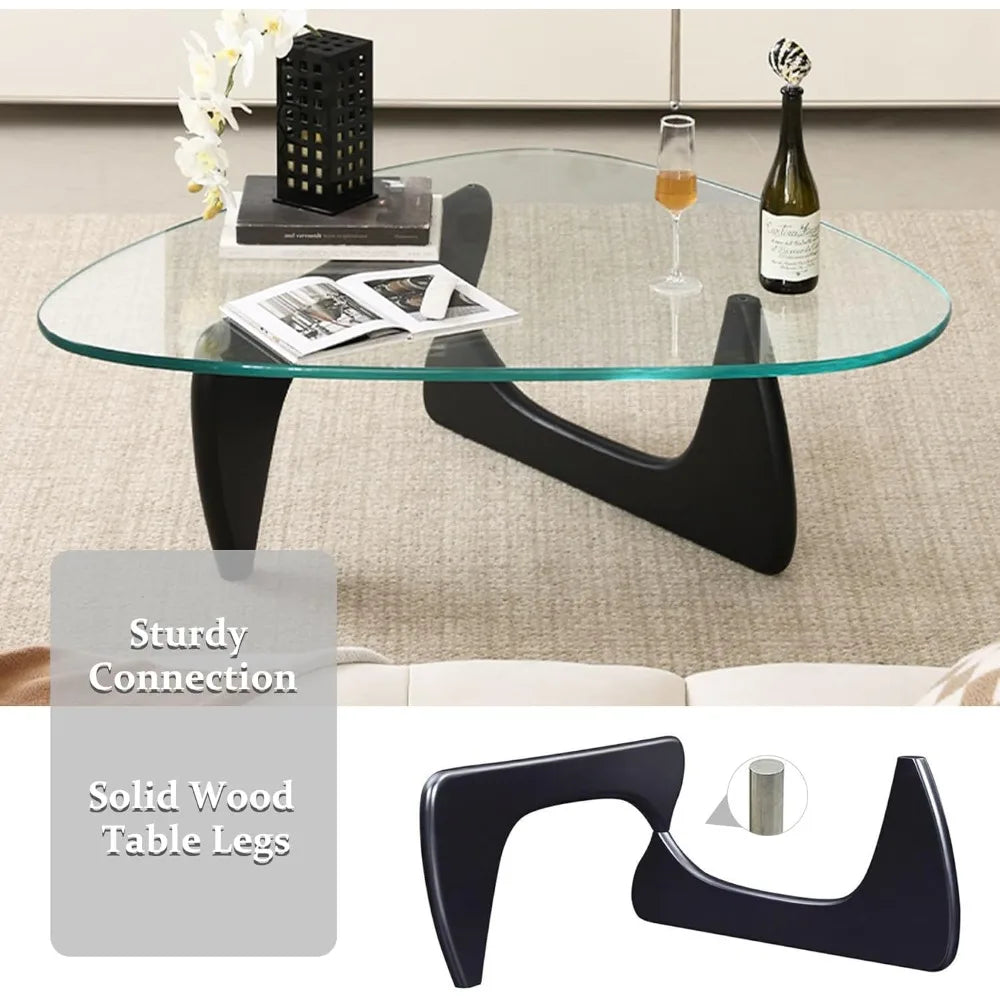 Small Coffee Table Black Glass Coffee Table for Living Room, Mid Century Modern Coffee Table, Wood Rustic Coffee Table with Wood