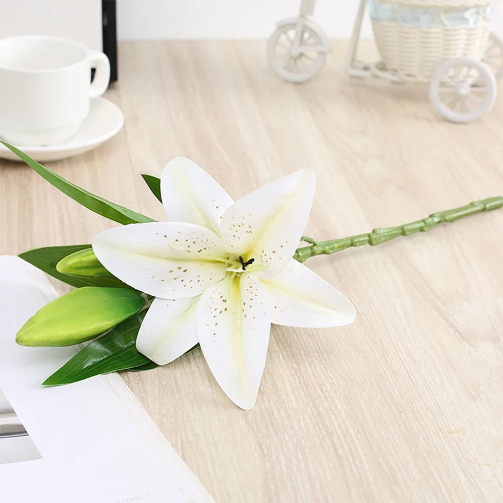 Real Looking 3D Printing Lily Branch Artificial Flowers White Fake Flowers Flores for Wedding Home Garden Decoration