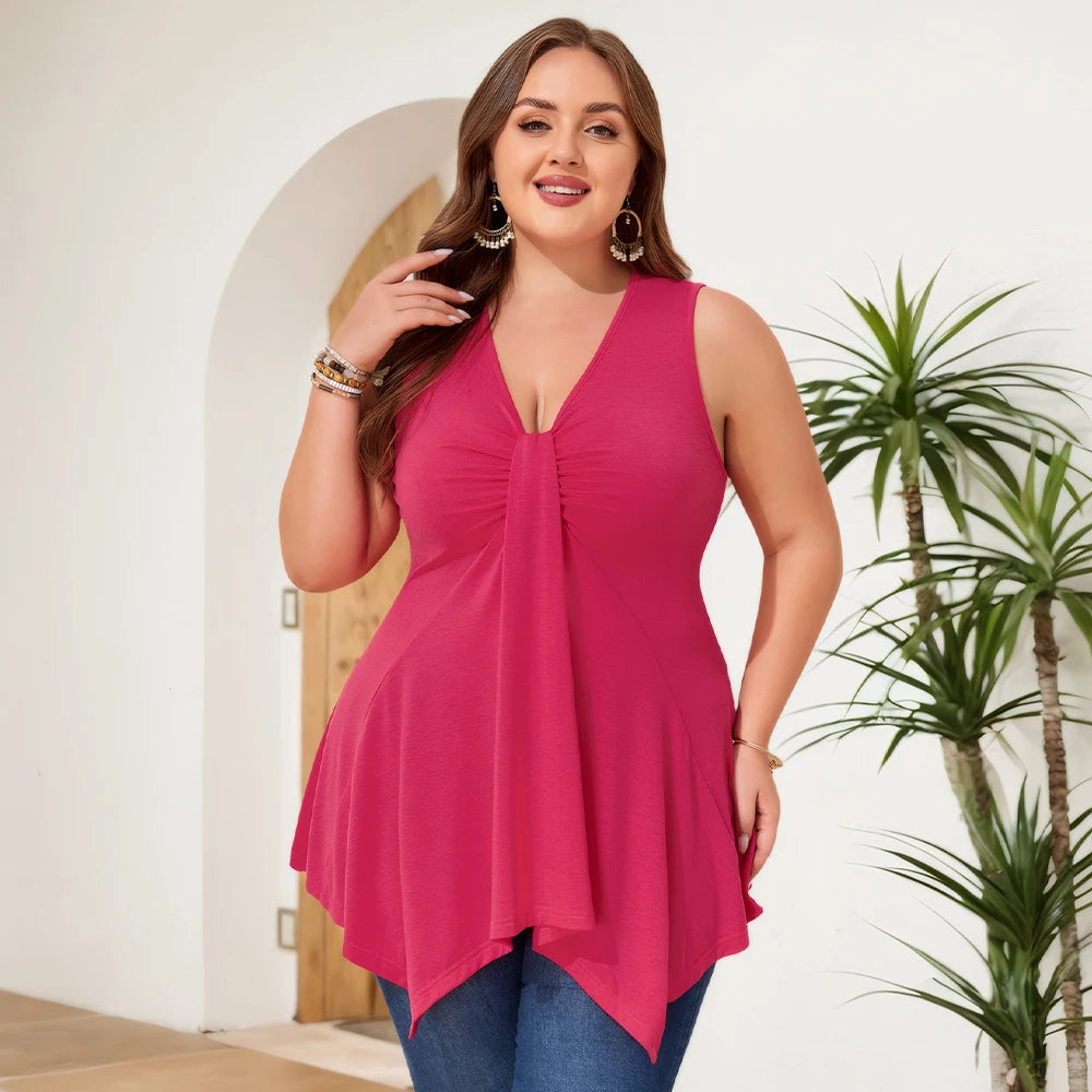 Plus Size Women's Solid V-Neck Tank Vest Pleated Tunic Tops Summer Ladies Holiday Beach Vacation Cami Camisole Size 1XL-6XL