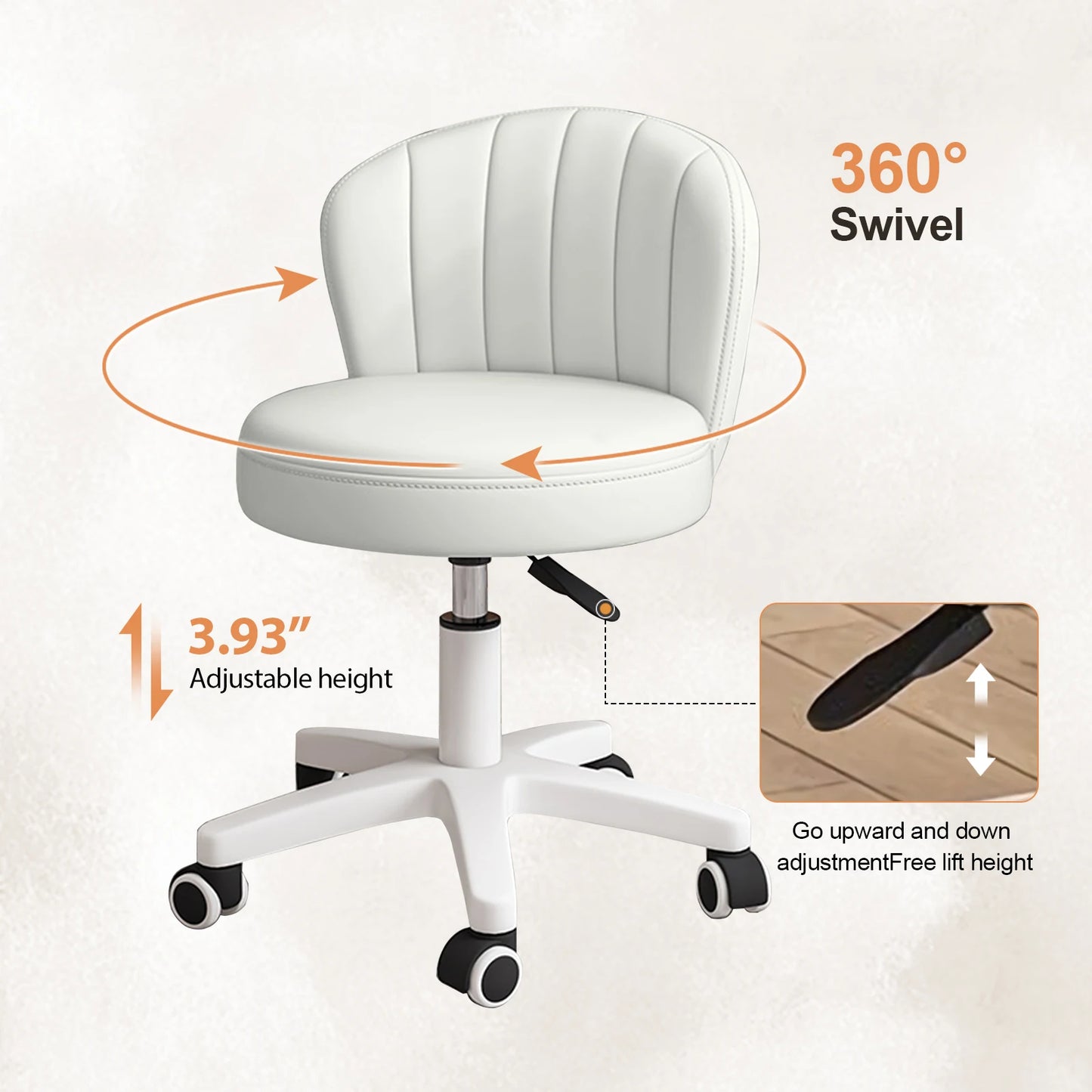 Small Round Rolling Desk Chair Armless Comfy Vanity with Low Backrest PU Leather Height Adjustable Swivel Work Spa Chair