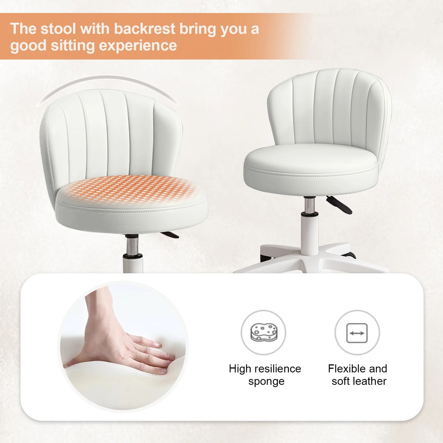Small Round Rolling Desk Chair Armless Comfy Vanity with Low Backrest PU Leather Height Adjustable Swivel Work Spa Chair