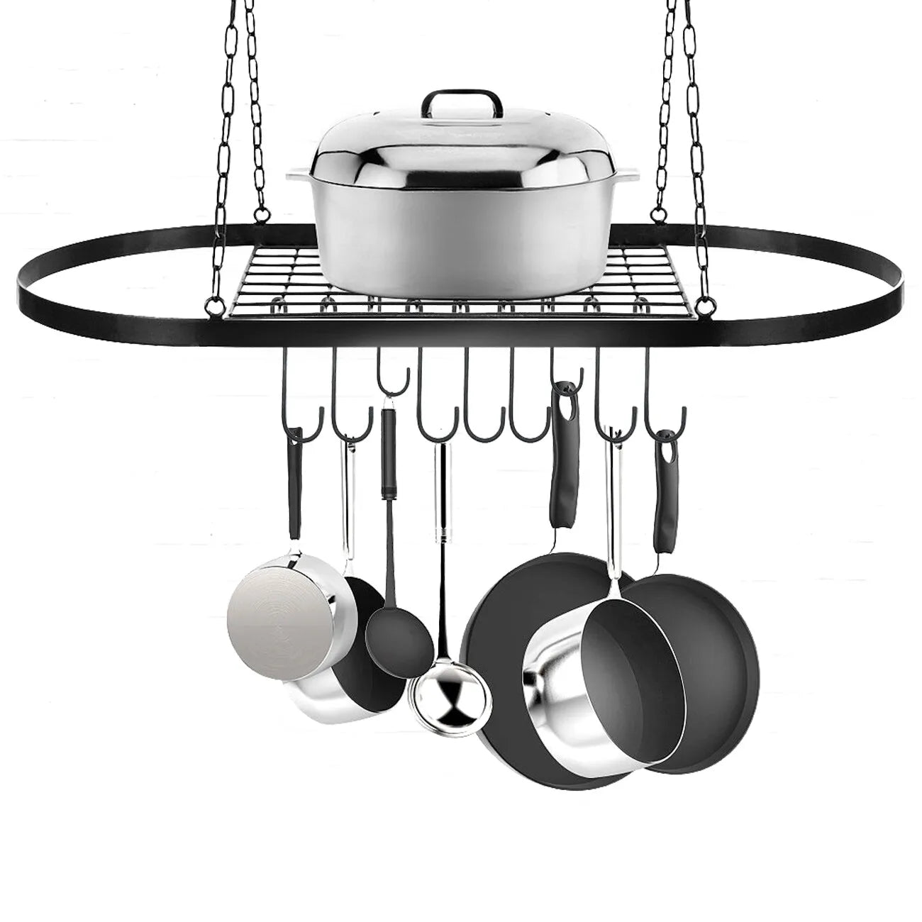 Pot & Pan Rack Ceiling Mounted kitchenware Holder Hanging Storage Shelf w/10Hook
