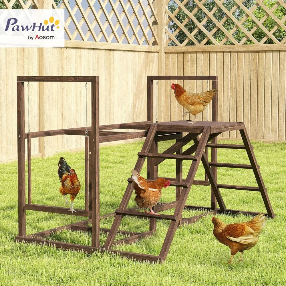 PawHut Chicken Coop Perches with Swing Roosting Bars Activity Play Set Wooden Chicken Coop Accessory Toys for 4 to 6 Chickens