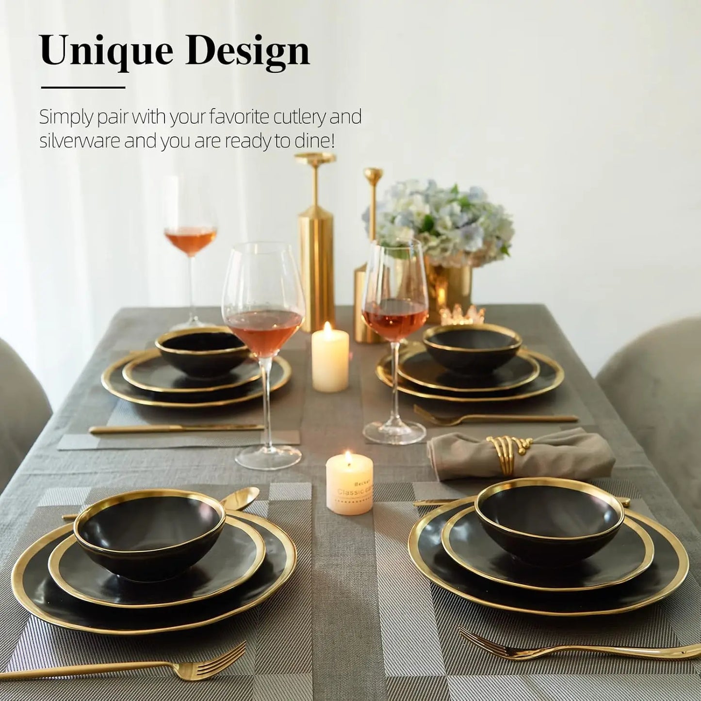 Black Luxury Plates and Bowls Sets, 12 Piece Porcelain Dinnerware Sets Service for 4, Modern Dinner Plates Set, Gold Rim Dish Se