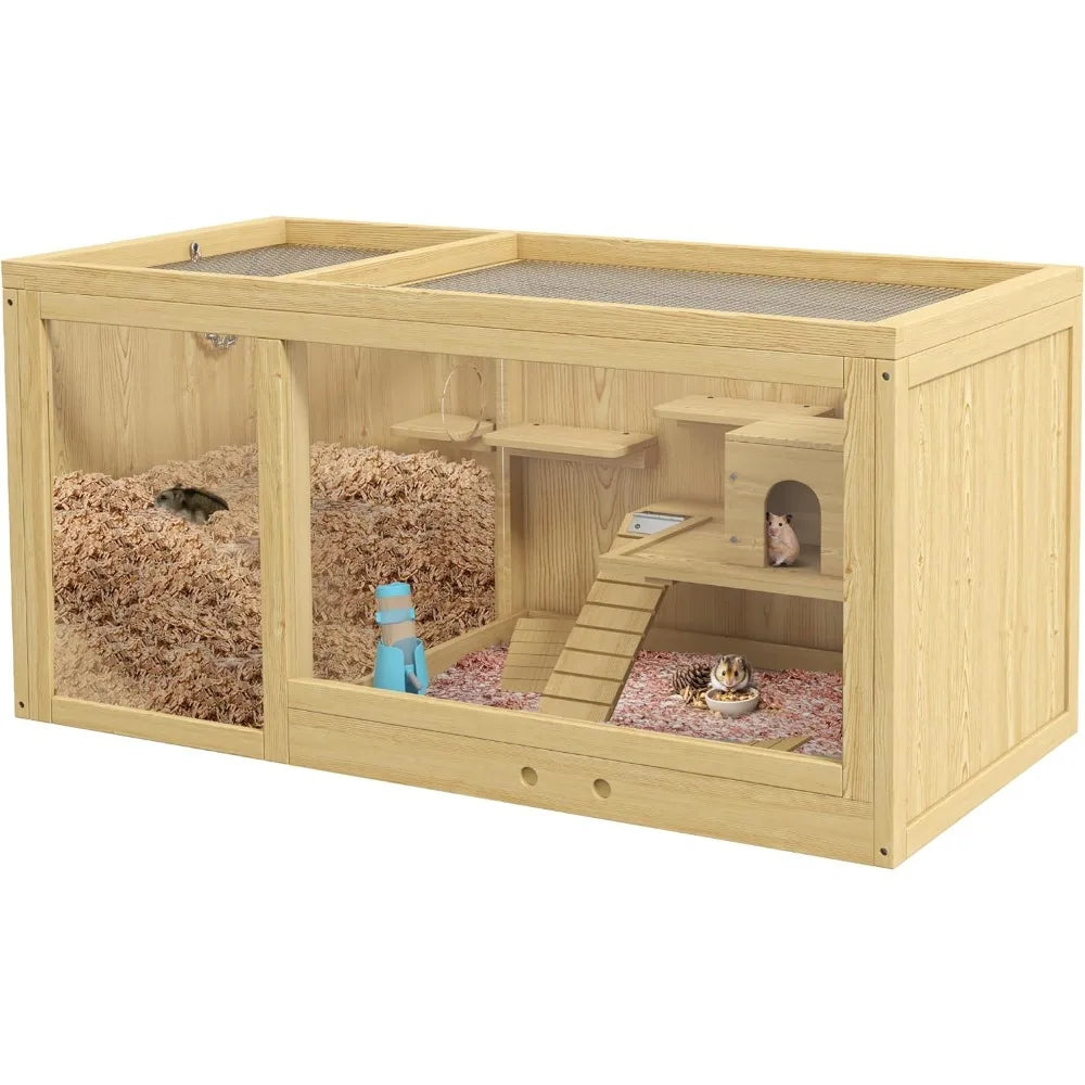 Wooden Hamster Cage, Extra Large Gerbil Cage, Multi-Layer Small Animal Cage for Dwarf Hamster, Activity Center with Pull-Out Tr