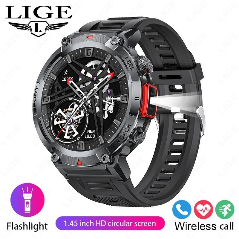 LIGE Smart Watch 3ATM Waterproof Original Design For Men Bluetooth Call Health Monitor With Flashlight 100+ Sports Modes Watches