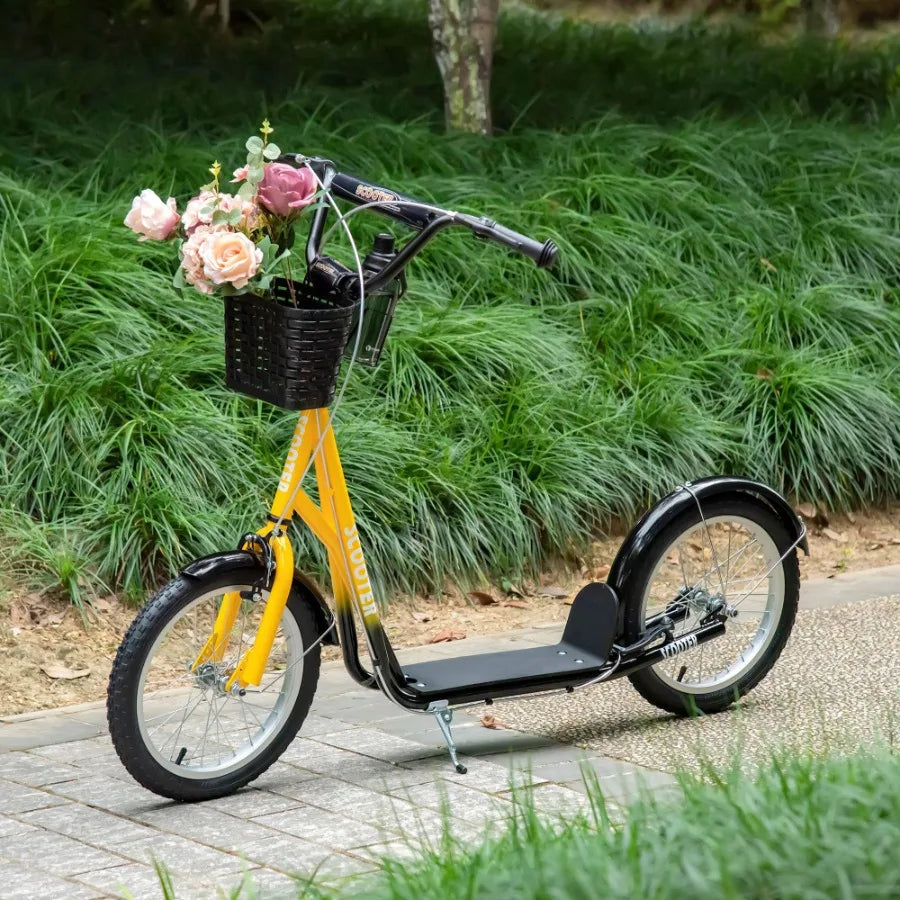 Aosom Youth Scooter Kick Scooter with Adjustable Handlebars Double Brakes 16 Inflatable Rubber Tires Basket Cupholder Orange