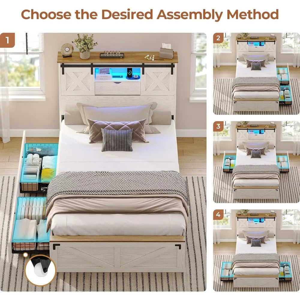 Hasuit Farmhouse Bed Frame Twin XL Size with 2 Storage Drawers, Wooden Platform Twin XL Bed with LED Lights and Charging Station