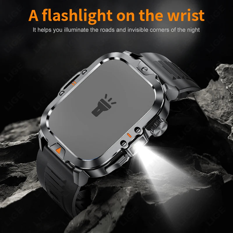 2.01-inch HD Screen Men Smart Watch with Flashlight Outdoor Sports Men's Watch IP68 Waterproof Health Monitoring Call Smartwatch