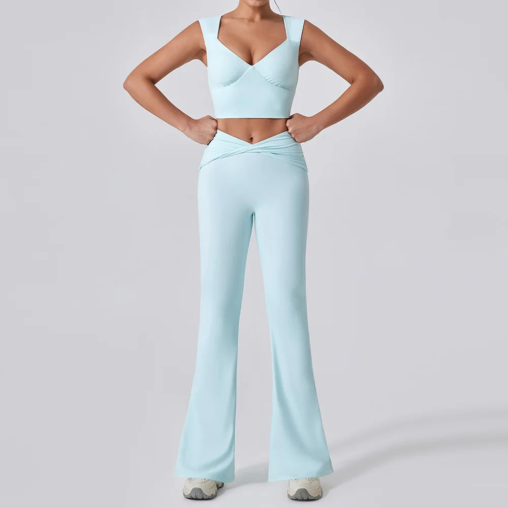 2PCS Women Yoga Set Workout Pant Outfits Fitness Sportswear Gym Tracksuit High Waist Flare Leggings Sports Bra Athletic Wear