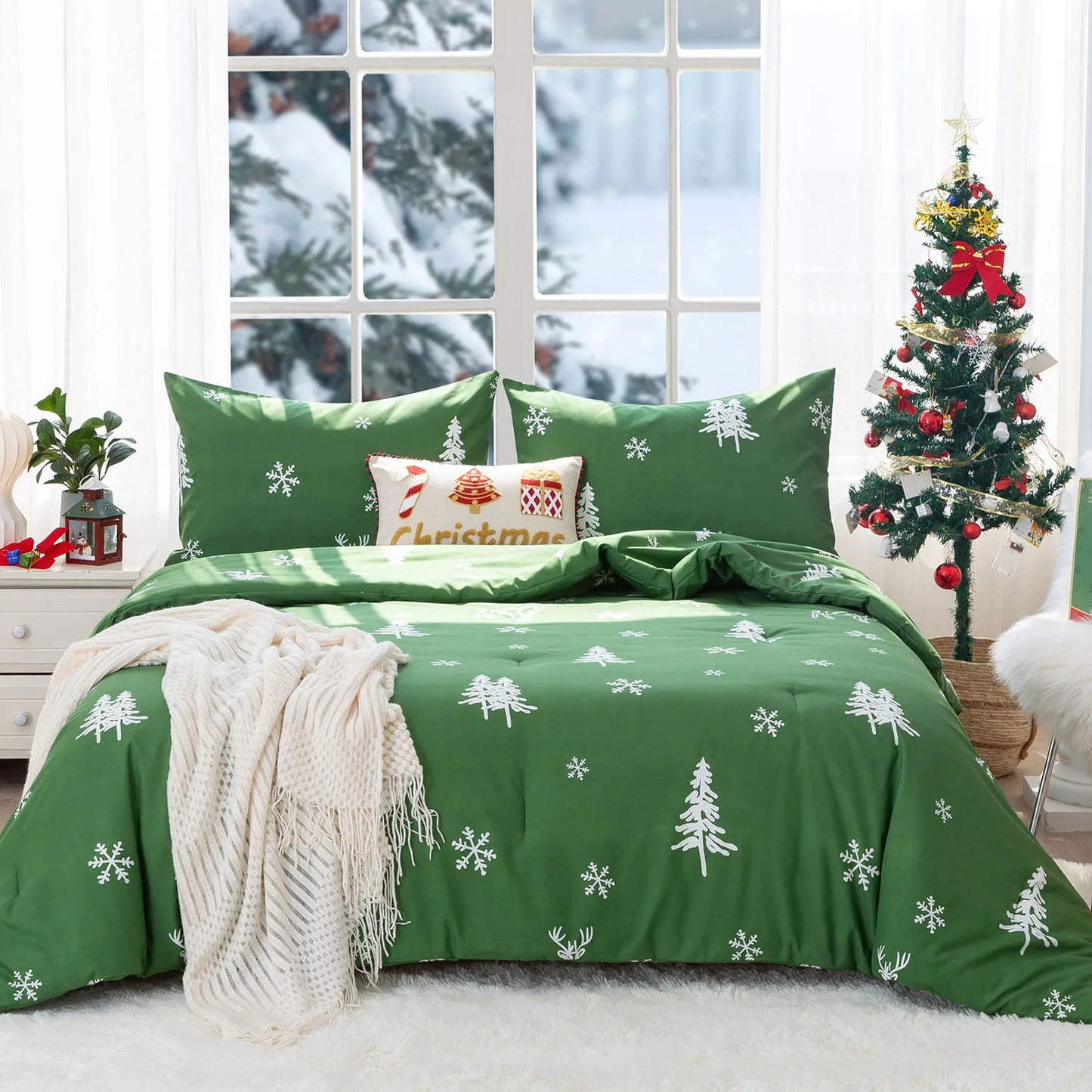 Soft Polycotton Queen Size Bed Comforter Christmas Reindeer Elks Bedding Down Alternative Comforter Set with Pillow Sham