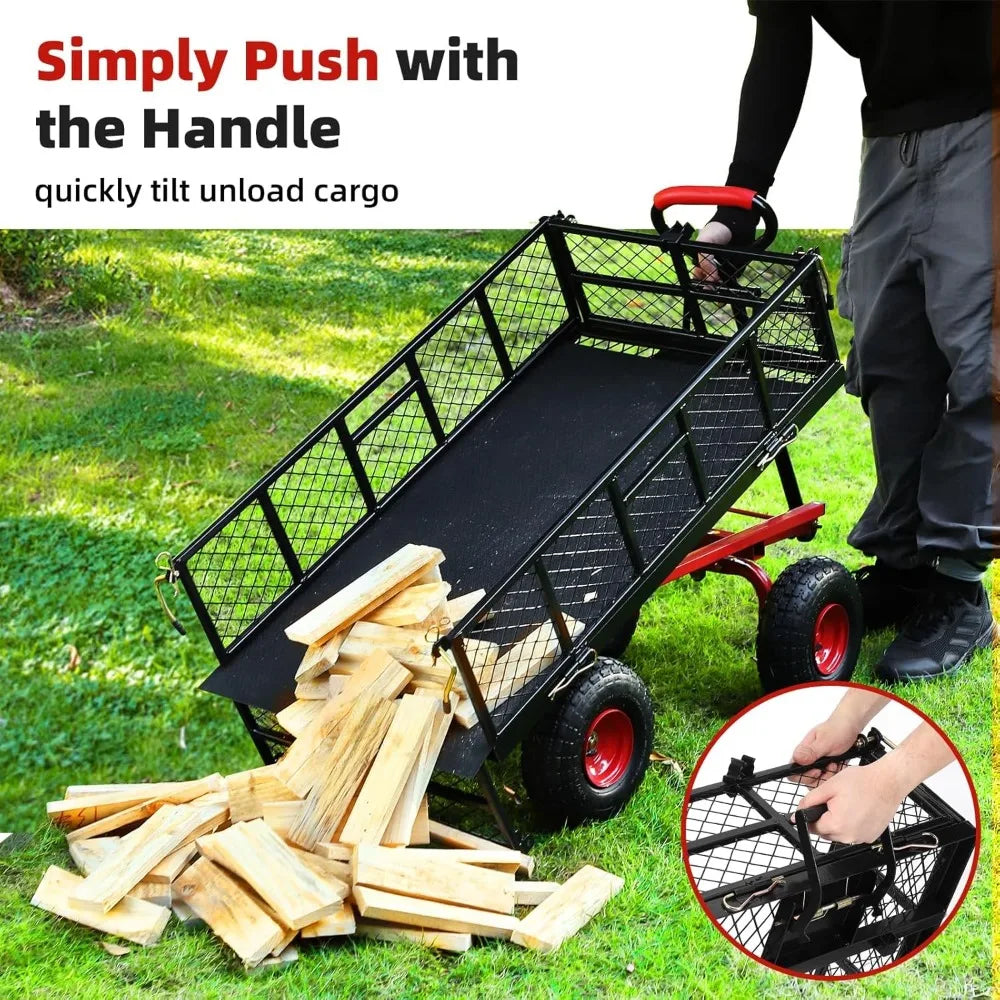 Flat Free Tires Steel Garden Cart with 180° Rotating Handle and Removable Sides, Heavy Duty Utility Garden Carts and Wagons