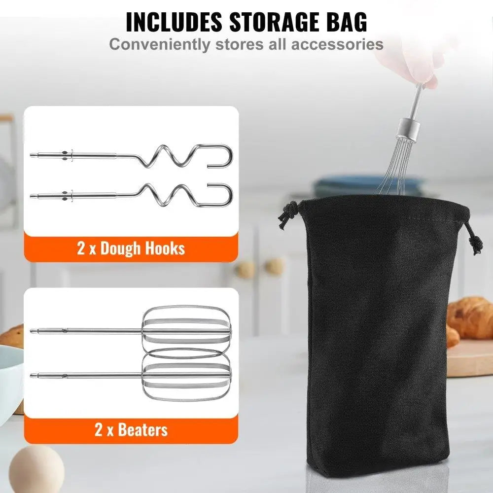 Cordless Electric Hand Mixer 250W Continuously Variable Turbo Boost Beaters & Dough Hooks with Storage Bag Baking Supplies