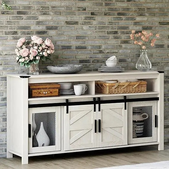 Farmhouse Coffee Bar Cabinet, 59" Buffet Server Sideboard with Sliding Barn Doors, Storage Cabinet Cupboard Table with Mesh Doo