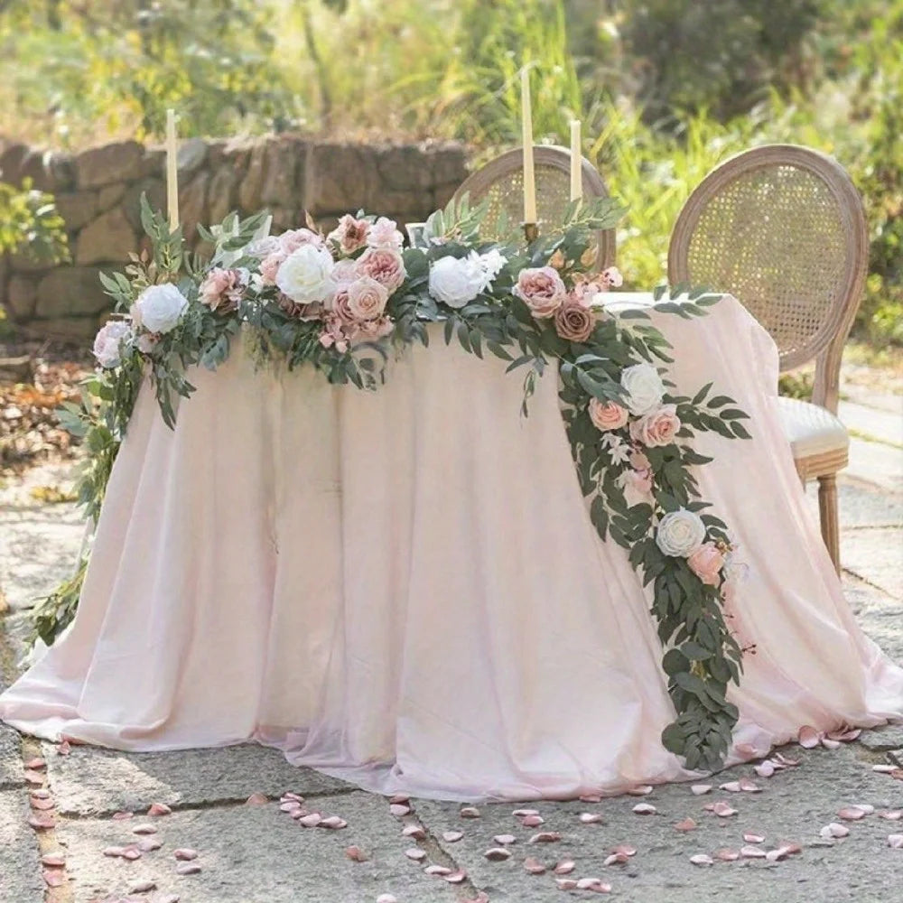 5.9ft Eucalyptus Willow Leaf Garland with Flower, Handcrafted Wedding Sweetheart Table Centerpieces Arch Backdrop Decorations