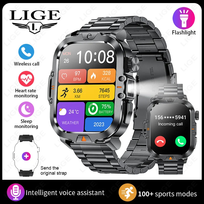 2.01-inch HD Screen Men Smart Watch with Flashlight Outdoor Sports Men's Watch IP68 Waterproof Health Monitoring Call Smartwatch