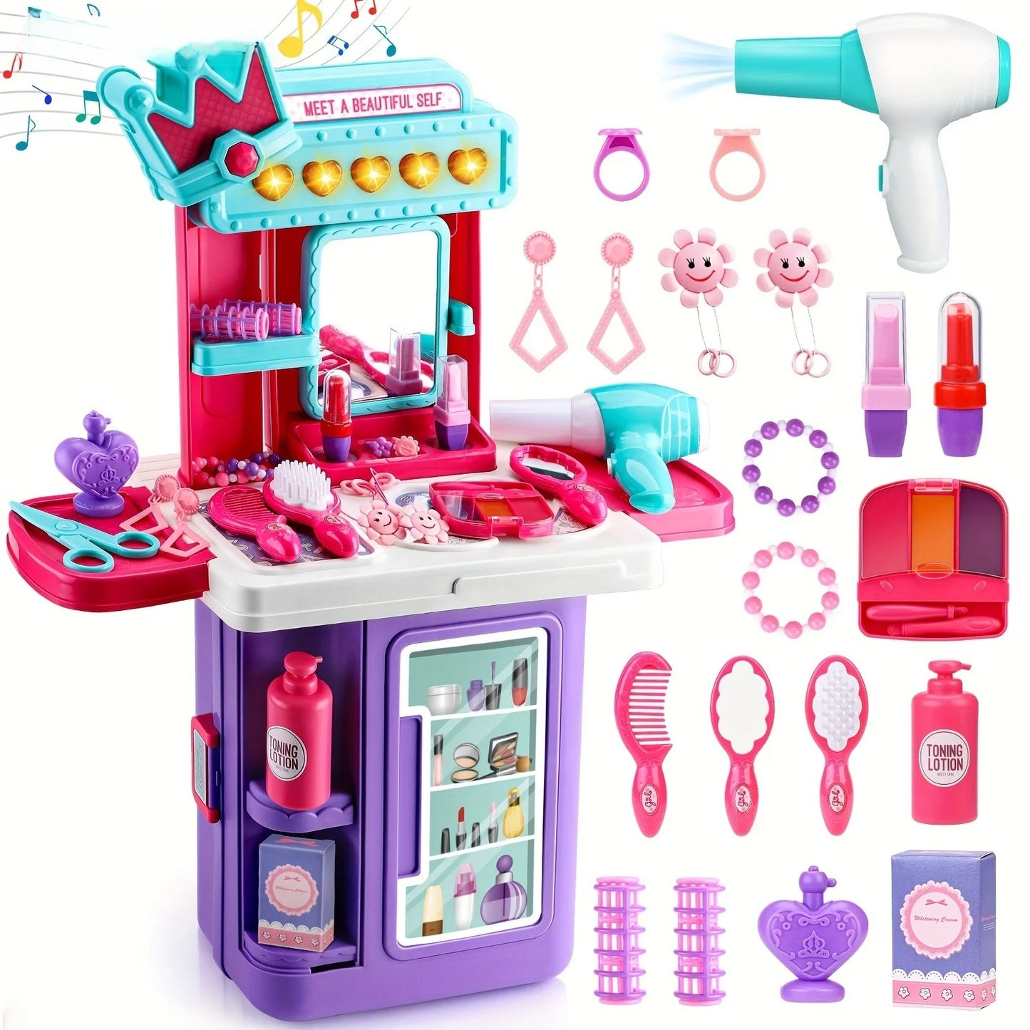 2 in 1 Dressing Table Set Pretend Play Makeup Games with Lights and Music Simulated Hair Dryer for Girls Kids Halloween Birthday Gift
