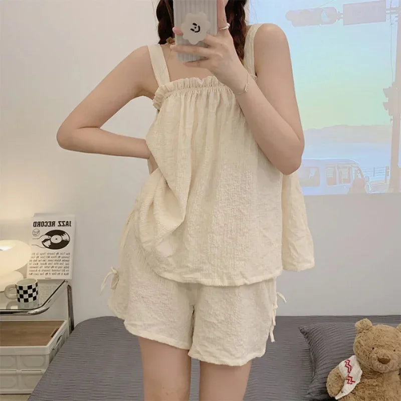 Women Summer Two Pieces Short Pajamas Suspenders Thin Sweet Cute Cotton Gilrs Homewear With Sleeveless Loose Soft Home Clothing