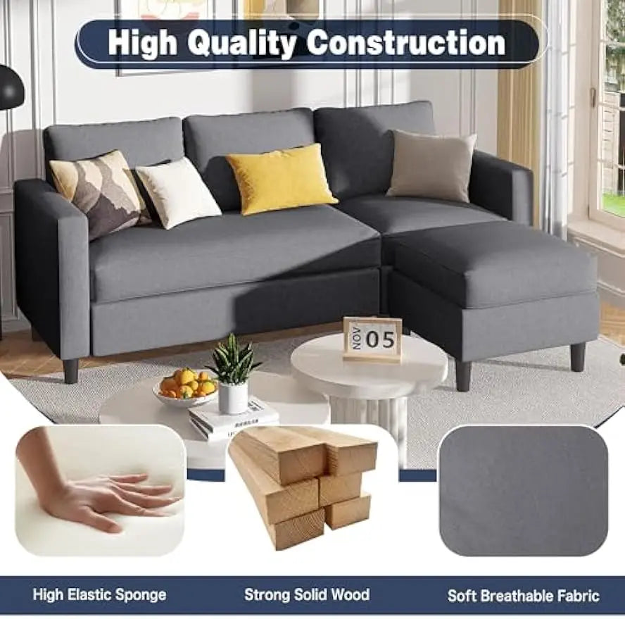 Shintenchi Small Sectional Couch with Ottoman 3 Seat L Shaped Sofa Fabric Upholstered for Apartments Living Room