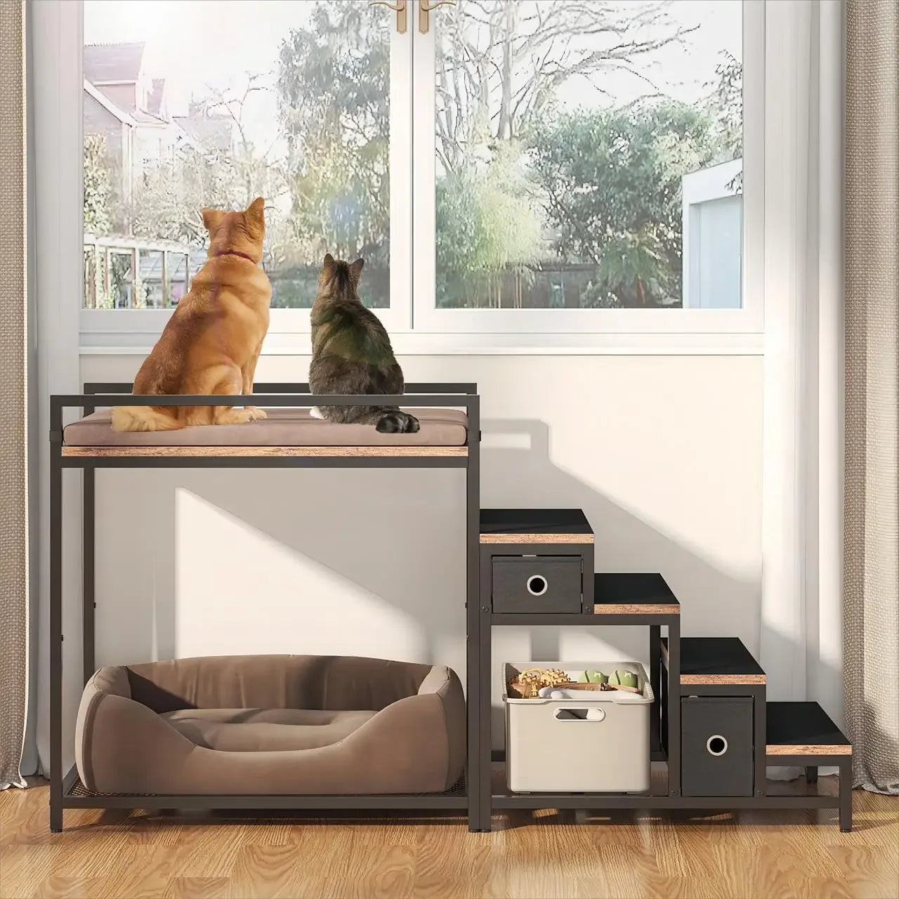 Pet Bunk Bed with Stairs & Storage, Multi-Level Elevated Dog & Cat Bed with Window Perch & Bedside Lounge